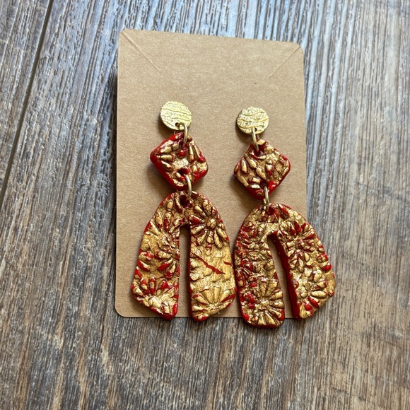 Handmade Jewelry - Handmade Red & Gold Floral Arch Drop Polymer Clay Earrings - Women Jewelry